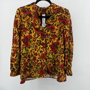 Boho Chic Leopard Rose‎ Print Button Down Long Sleeve Shirt Women's M Edgy Rock
